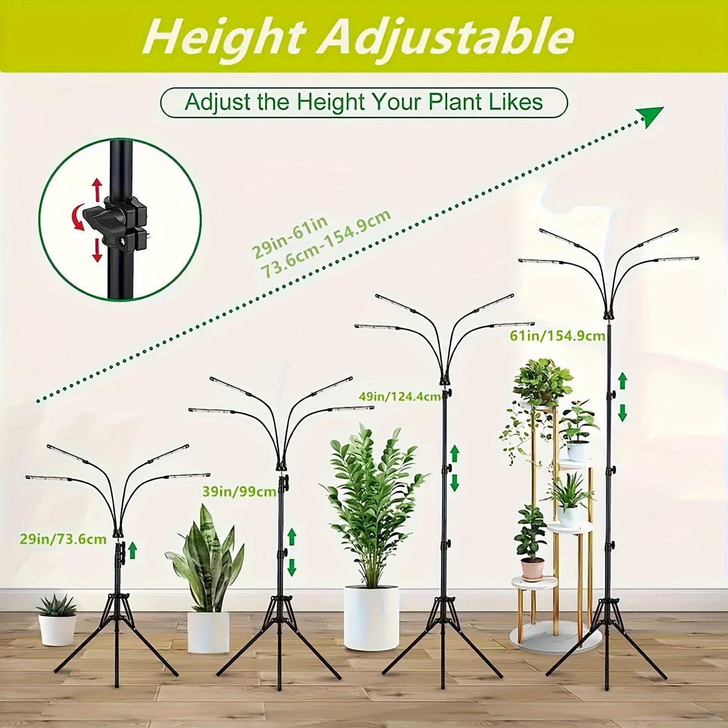 USB Tripod LED Plant Lamp with 4, 5 or 6 Flexible Heads and Adjustable 29-61in Floor Stand
