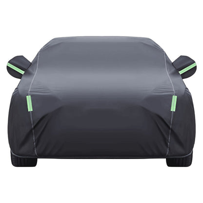 Black Full Car Cover in 190T Silver-Coated Cloth with Green Reflective Strips, Storage Bag and Six Sedan or SUV Sizes