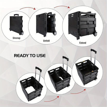 Collapsible Red Rolling Storage Crate with Lid, Wheels and Telescoping Pull Handle for Transport