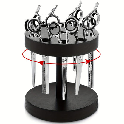 360° Rotating 10-Slot Scissor Holder with Wooden Base for Barber Shears and Salon Styling Tools