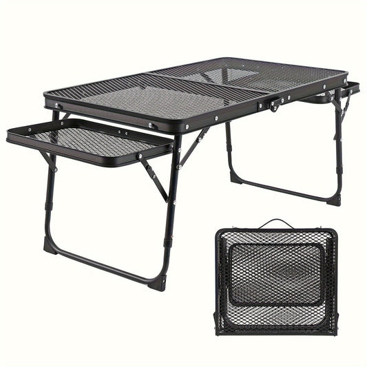 Portable Folding Camping Table with 2 Wingboards & Mesh Top – Height Adjustable Outdoor Grill Side Table for Picnic Barbecue Beach Backpacking, Lightweight Compact Folding Table with Carry Bag