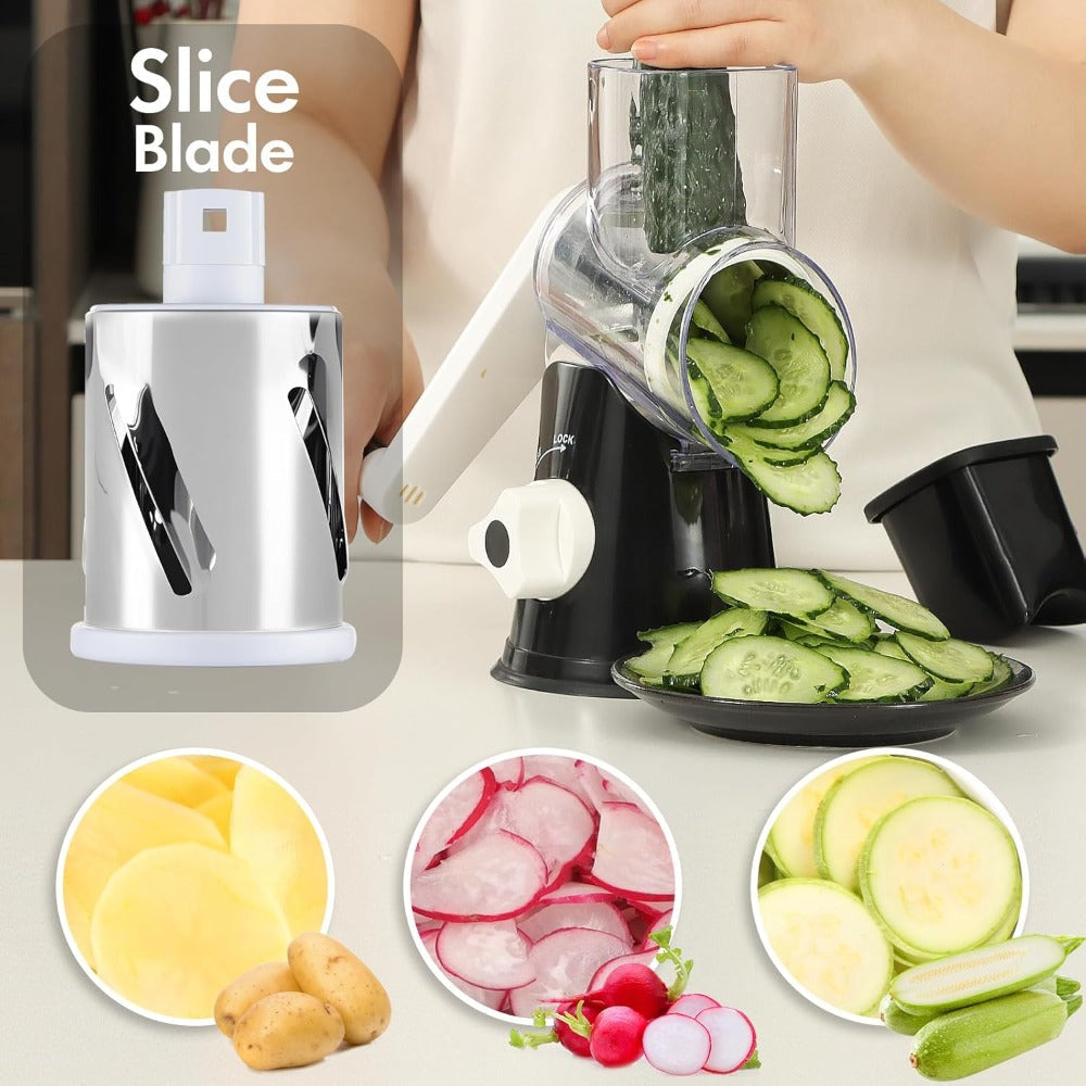 Rotary Cheese Grater – Stainless Steel Hand Crank Shredder with 3 Interchangeable Blades, Non-Slip Suction Base & Cleaning Brush, BPA-Free Vegetable Grater for Cheese, Nuts & Vegetables