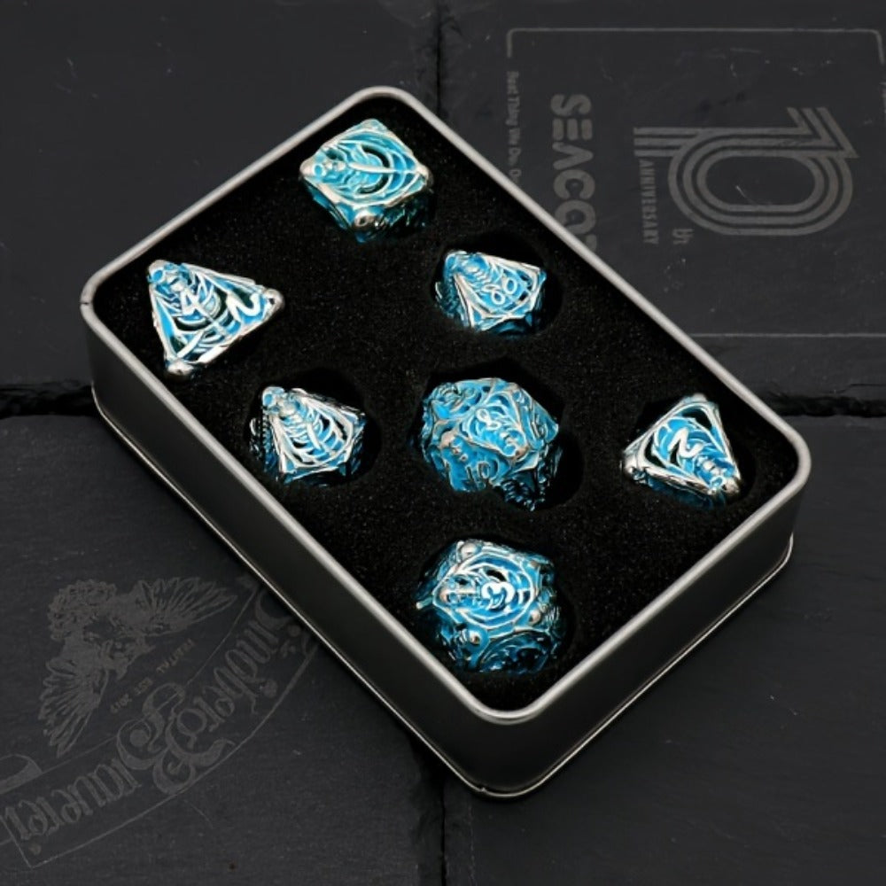Metal Skull Dice Set 7pcs Glow in the Dark – Hollow UV Fluorescent Polyhedral DnD RPG Dice for Dungeon Masters, Skeleton Design Blue, Tabletop Gamer Gift Halloween Christmas Birthday