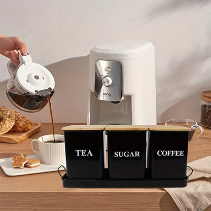 Three Rectangular Metal Canisters for Coffee, Tea and Sugar with Wood-Tone Lids in Black or White