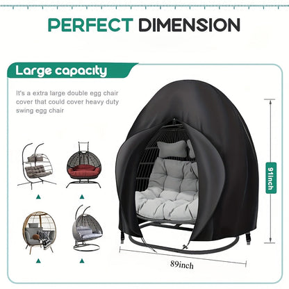 Black Double-Egg Chair Cover with Front Zipper, Drawstring Buckle and Full Enclosure Shape