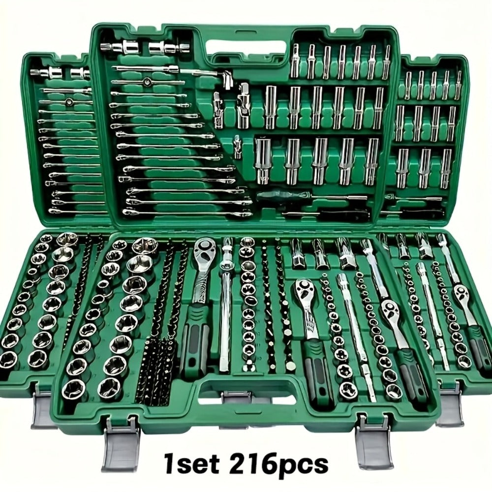 216-Piece Professional Socket Set 1/4" 3/8" 1/2" Drive - S2 & CR-V Steel Ratchet Wrench Kit with Deep & Standard Sockets for Auto Repair Automotive Mechanic