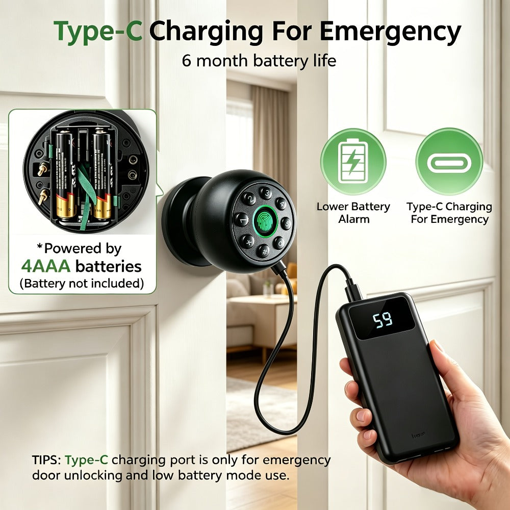Matte Black Smart Door Knob Lock with Fingerprint & Keypad, App Control, Auto Lock, Keyless Entry Biometric Door Knob for Bedroom Home Office Interior Door, Easy DIY Install