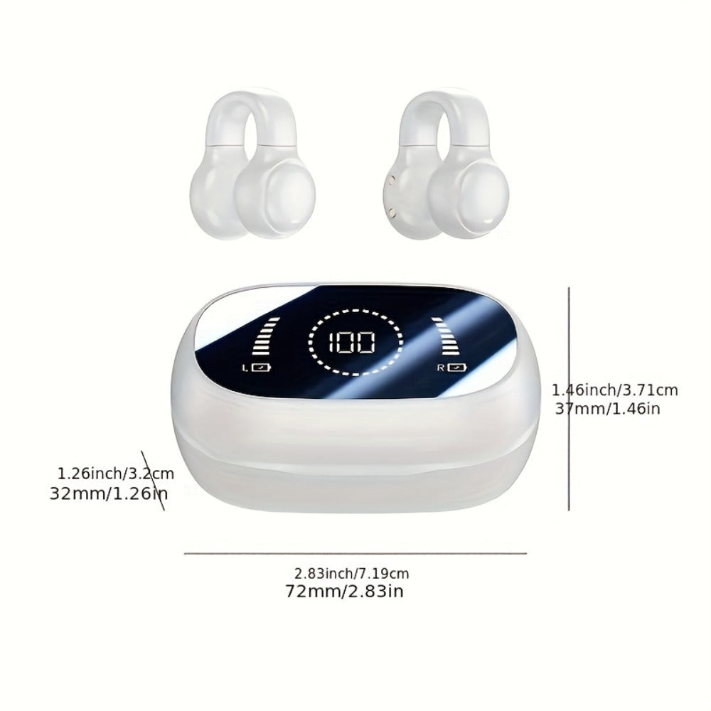 Open Ear Clip Earbuds TWS Wireless Bluetooth – LED Digital Display Charging Case, Intelligent Noise Cancelling, Hi-Fi Stereo, Long Range, Sports Gaming Daily Use, Black Beige