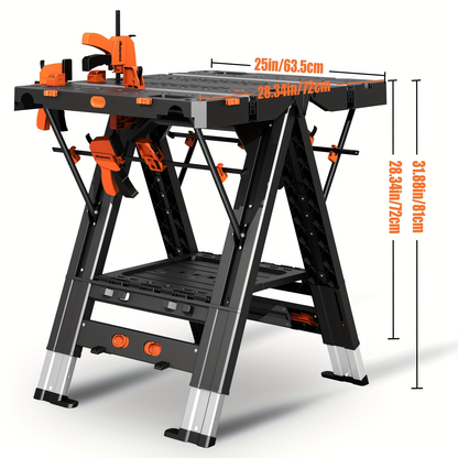 Collapsible Workbench Folding Work Table 31"x25"x32", Height-Adjustable Portable Worktable with 4 Woodworking Clamps, 4 Connecting Blocks, Precision Scale & Protractor