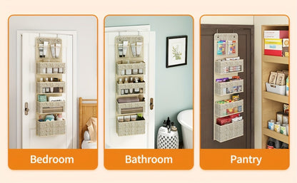 2-Pack Over-The-Door Hanging Organizer with 5 Shelves & 4 Clear Pockets – Beige Rattan Storage Rack for Closet, Bedroom & Bathroom