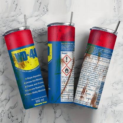 Insulated Tumbler 20oz WD-40 Can-Style Graphic on White Stainless Steel Travel Mug with Lid and Straw