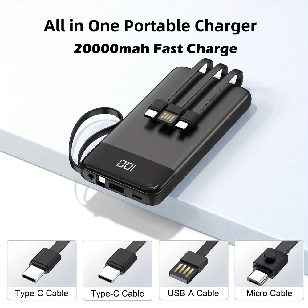 Power Bank 20000mAh with Built-In Cable Set, 20W Listed Charging and Solar or Standard Options