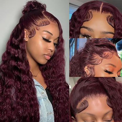 Lace Front Wig 200% Density HD Transparent Lace Curly Deep Wave 99J Burgundy Glueless Pre-Plucked Bleached Knots Natural Hairline Long Voluminous Women 32 Inch Undetectable