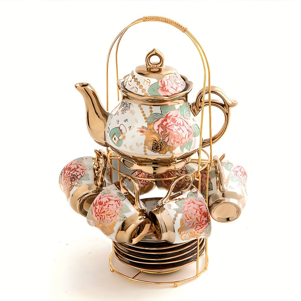 Twenty-Piece Floral Ceramic Tea Set with 15-Ounce Teapot, Six Cups, Saucers, Spoons and Metal Rack