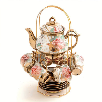 Twenty-Piece Floral Ceramic Tea Set with 15-Ounce Teapot, Six Cups, Saucers, Spoons and Metal Rack