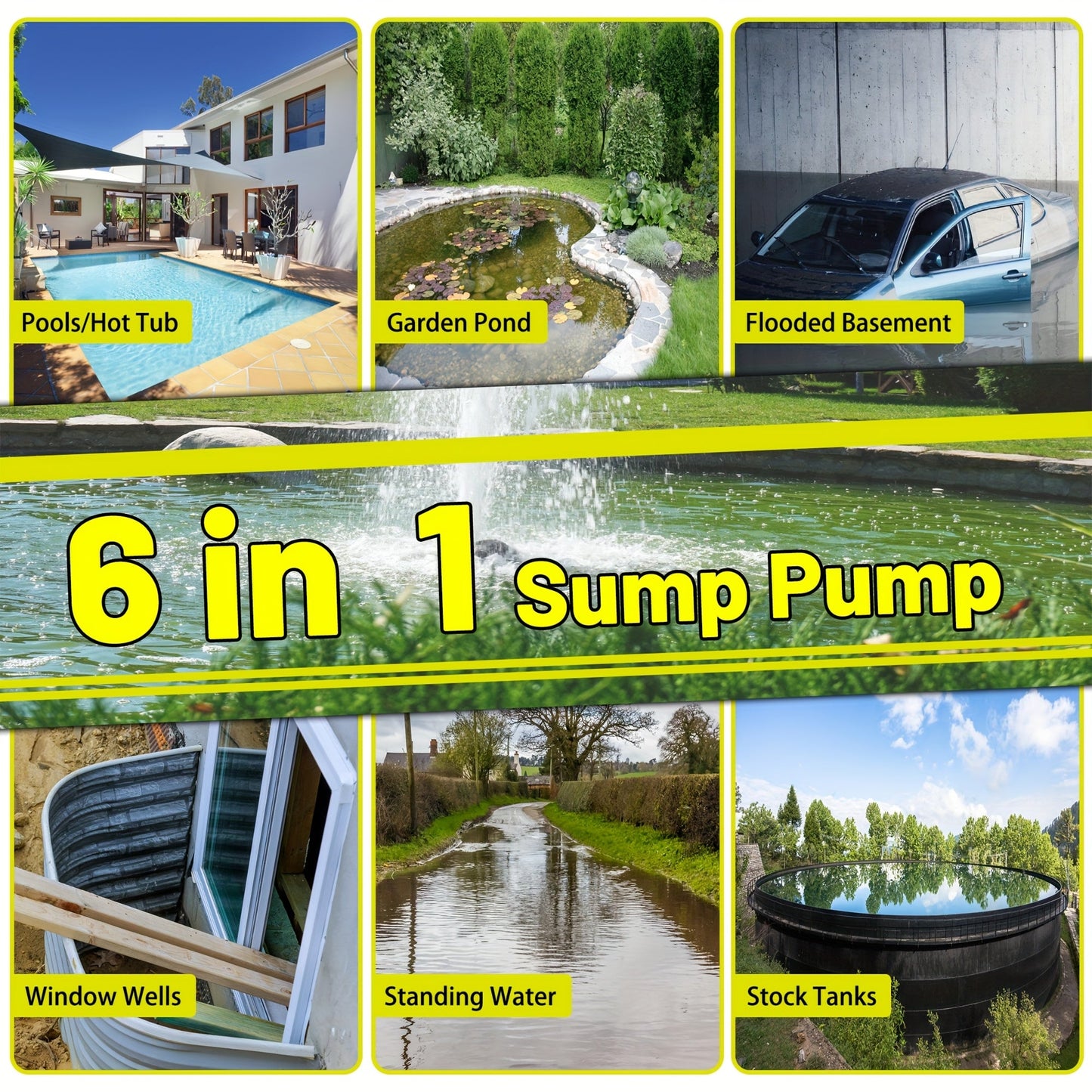 Submersible Sump Pump 1HP 5300GPH 750W with Float Switch 26ft Cord for Pool Pond Basement Garden