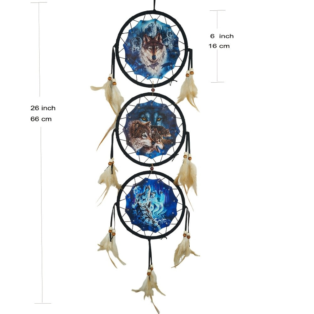 Dream Catcher Wall Decor Wolf Design Boho Bedroom Hanging Decoration – 6 Inch 3-Circle Feather Dream Catcher for Boys Kids Room, Nursery, Halloween, Christmas & Holiday Gift