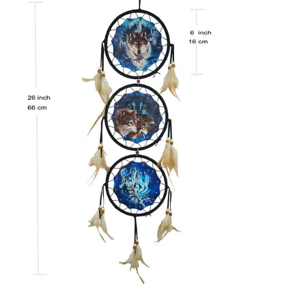 Dream Catcher Wall Decor Wolf Design Boho Bedroom Hanging Decoration – 6 Inch 3-Circle Feather Dream Catcher for Boys Kids Room, Nursery, Halloween, Christmas & Holiday Gift