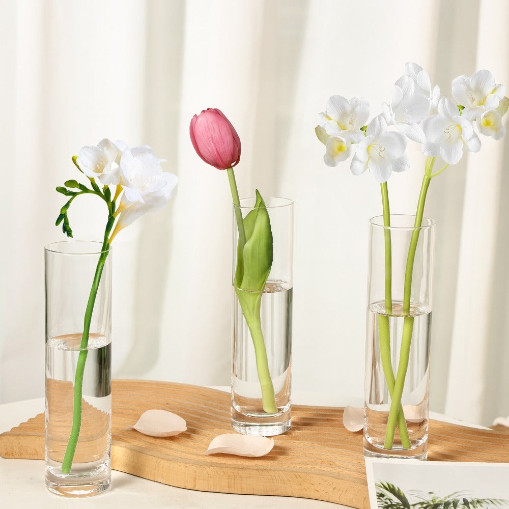 Fifteen-Piece Clear Glass Cylinder Vase Set with 7.5-Inch Height, 1.7-Inch Diameter and Stable Round Base