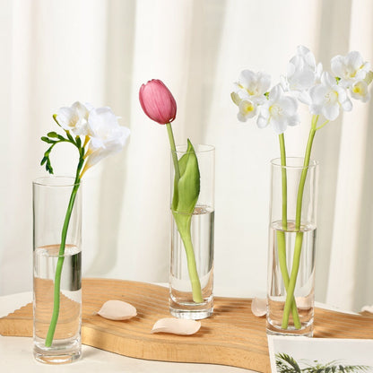 Fifteen-Piece Clear Glass Cylinder Vase Set with 7.5-Inch Height, 1.7-Inch Diameter and Stable Round Base