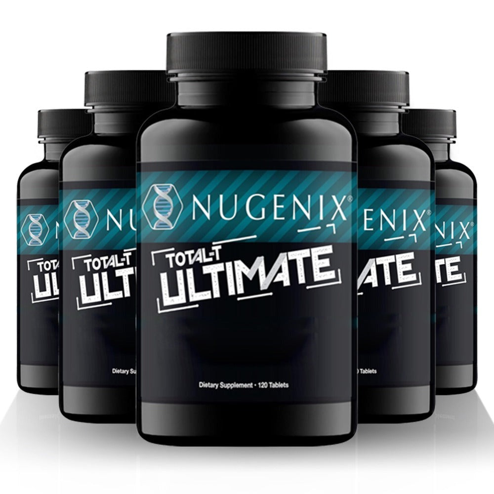 Five-Bottle Botanical Men's Health Supplement Tablet Set with Coordinated Containers and Labels