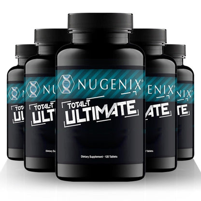 Five-Bottle Botanical Men's Health Supplement Tablet Set with Coordinated Containers and Labels