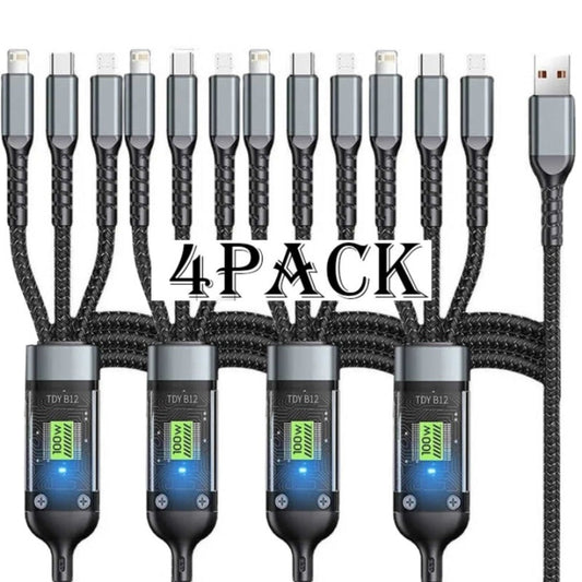 MFi Certified 3-in-1 Charging Cable 100W Fast Charge 4/8 Pack – 1.2m Nylon Braided USB Cable Type-C Micro USB Lightning for iPhone iPad Samsung Android, Multi Connector Multi Pack Phone Charger Cord