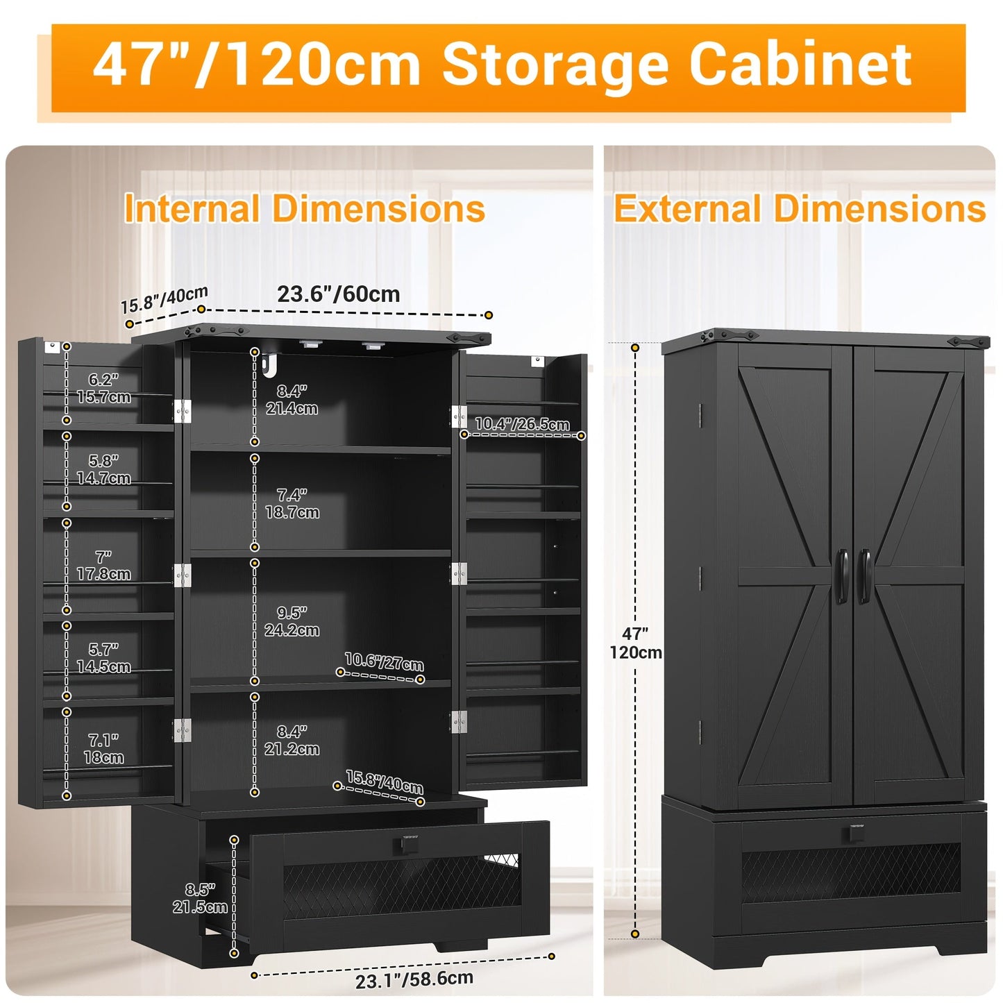 Kitchen Pantry Cabinet shown in the Bottom drawer - black option