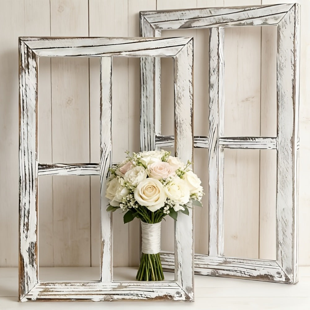 Distressed Wood Window Frame Wall Decor, Two-Piece Set in Rectangular or Arched Styles without Glass