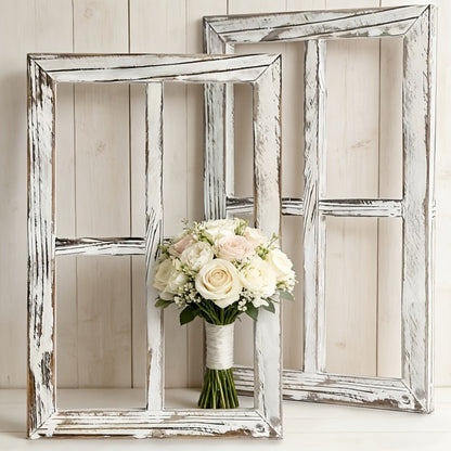 Distressed Wood Window Frame Wall Decor, Two-Piece Set in Rectangular or Arched Styles without Glass