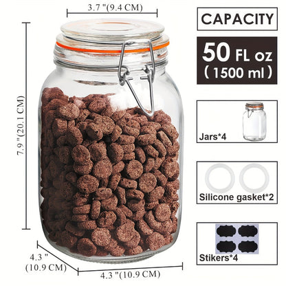 Four-Pack 50 fl oz Glass Storage Jars with Clamp Lids, Orange Gasket Rings, Four Labels and Two Spare Gaskets