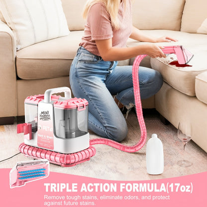 Portable Carpet Cleaner 25Kpa Upholstery Cleaner Machine with Dual Brush Heads Self-Cleaning Pet Stain Remover for Sofa Couch Car Seat Rug Mattress Spot Cleaner