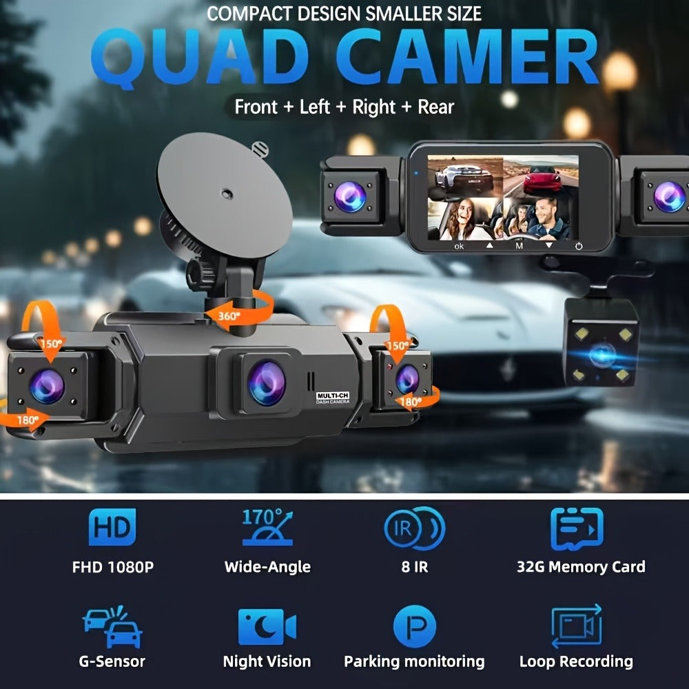 360° Dash Cam - 3/4 Channel 1080P HD Car Camera, Night Vision, WDR, G-Sensor, Loop Recording, 24/7 Parking Monitor, WiFi, Optional 32GB Card, Zero Blind Spot Coverage