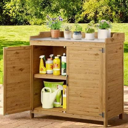 Wood Garden Potting Cabinet with Galvanized Metal Worktop, Double Doors and Removable Interior Shelf