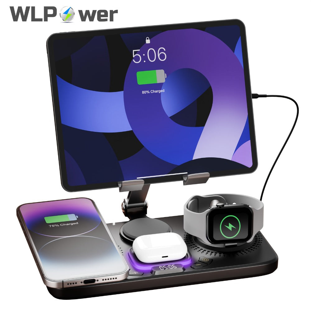 Wireless Charging Station, WLP Power 6-in-1 15W Dock with Clock, Atmosphere Light and Four-Device Layout