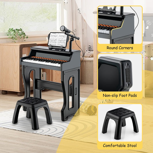 Kids Piano Set 37 Keys with Microphone, Detachable Music Stand & Stool, 22 Demos 8 Tones 8 Percussion Effects, Multifunctional Educational Piano Learning Toy for Toddlers Boys & Girls Ages 3+, Black