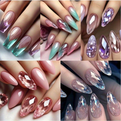 Holographic Nails 120 Pieces 5 Packs Medium Almond Press On Nails Gradient Iridescent – Mixed Color Orange Tones Full Cover Fake Nails Kit with Jelly Glue & Nail File for Women Girls