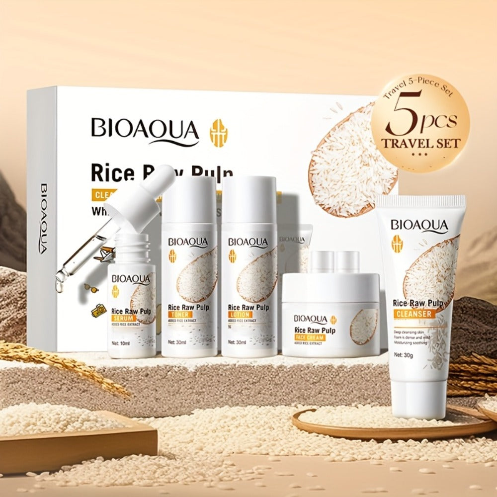 Skincare Set with BIOAQUA Label, 5 Mini Rice Raw Pulp Products with Cleanser Toner Essence Lotion and Cream