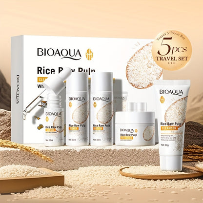 Skincare Set with BIOAQUA Label, 5 Mini Rice Raw Pulp Products with Cleanser Toner Essence Lotion and Cream