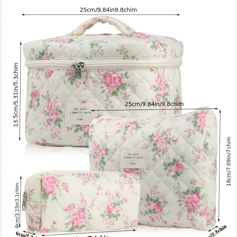 Three-Piece Floral Makeup Bag Set with Carry Handle, Gold-Color Zippers and Four Image-Bound Pattern Options