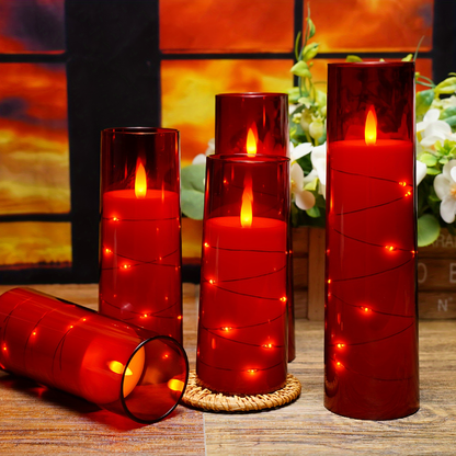 Flameless LED Candles with Remote Control Timer and Star String Lights Set of 5 or 7 Pillar Candles for Wedding Garden Home Decor Anniversary Gift Grey Ivory Gold Red