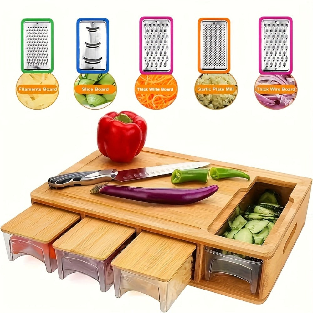 Cutting Board Bamboo Prep Station with Pull-Out Containers, Five Grater Inserts and Juice Channel