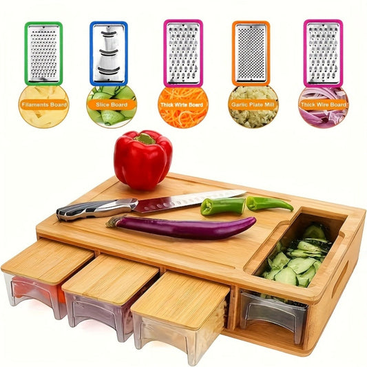 Cutting Board Bamboo Prep Station with Pull-Out Containers, Five Grater Inserts and Juice Channel