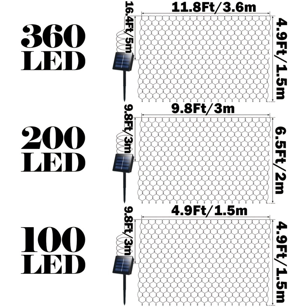 Solar Net Mesh Lights with Separate Panel, 100 to 360 LEDs and Three Colors for Outdoor Displays