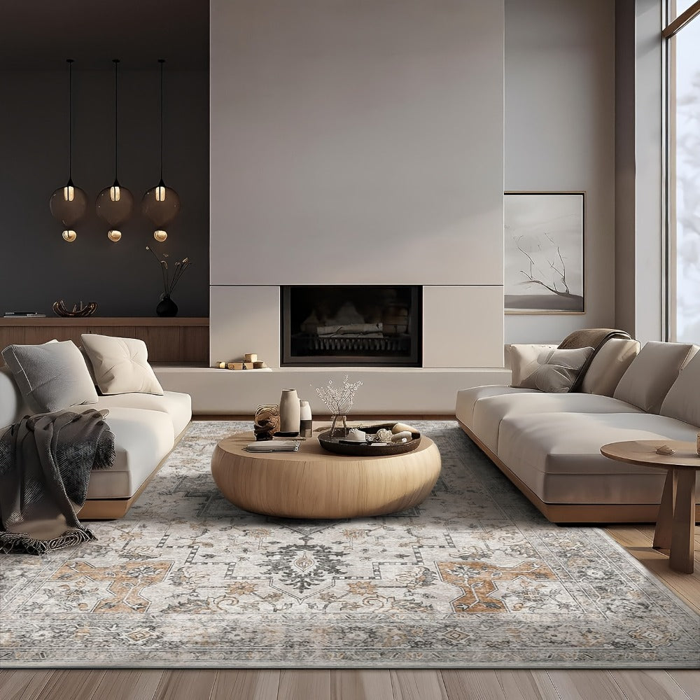 Area Rug Vintage Chenille Print in Light Taupe Brown with Eight Runner and Room Size Options