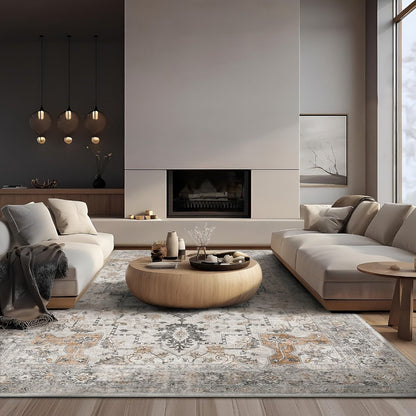 Area Rug Vintage Chenille Print in Light Taupe Brown with Eight Runner and Room Size Options