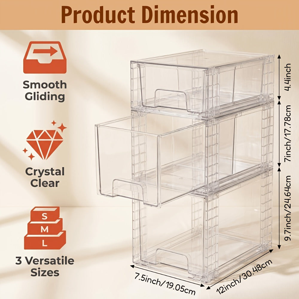 Stackable Bin Storage Organizer 3 or 4-Piece Clear Plastic Set with Lids and Handles in Mixed Sizes