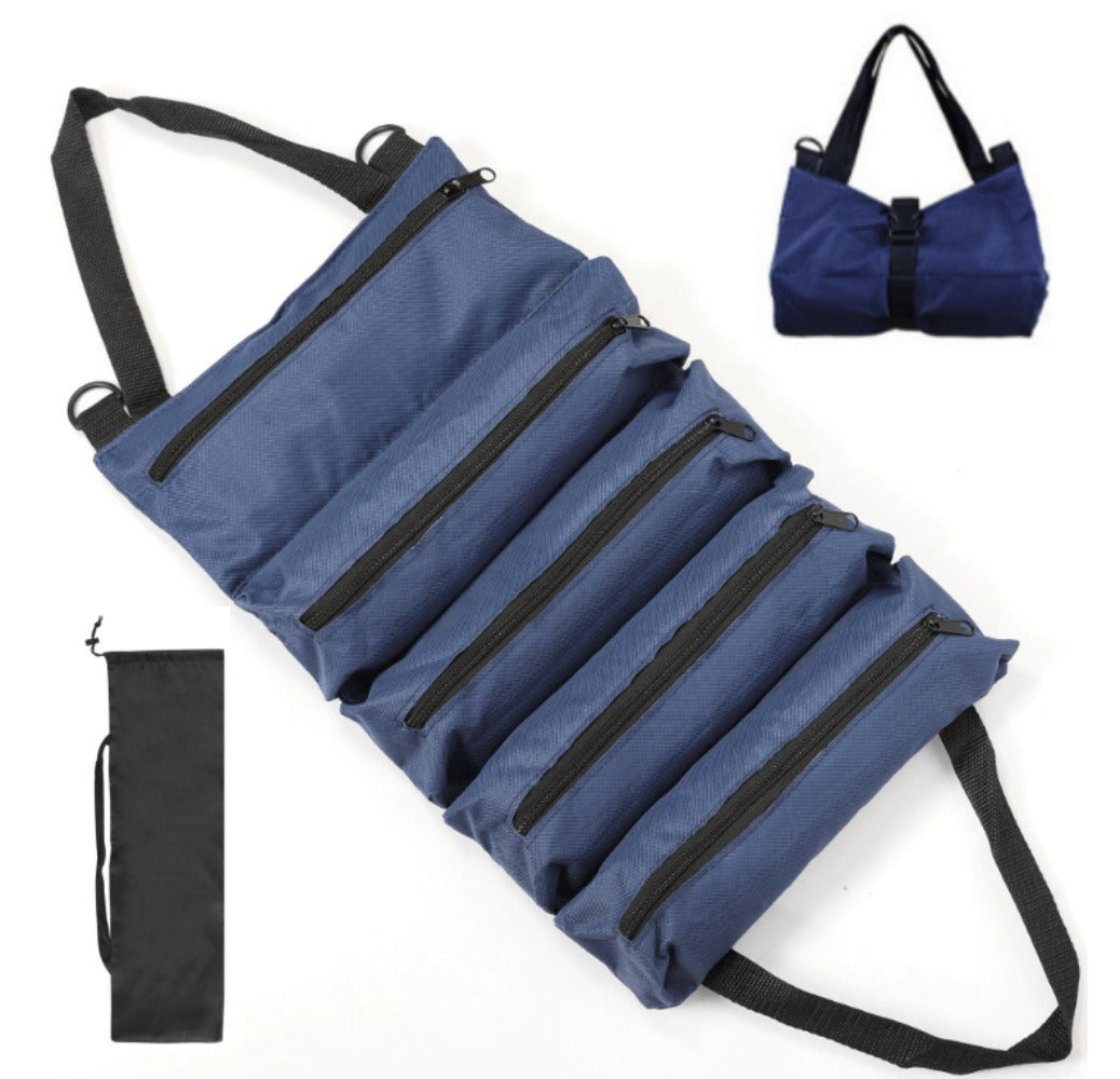 Collapsible Tool Roll Organizer Bag in Green or Black with Multiple Pockets and Carry Handles