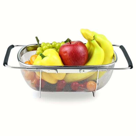 Expandable Sink Colander Stainless Steel – Over the Sink Strainer Basket with Fine Mesh & Rubber Grip, Adjustable Kitchen Drain Strainer for Vegetables, Fruits & Pasta, Small & Large Size