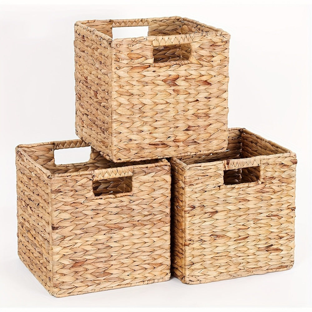 Woven Cube Storage Basket with Cutout Handles in Natural Color and One-, Two- or Four-Piece Packs